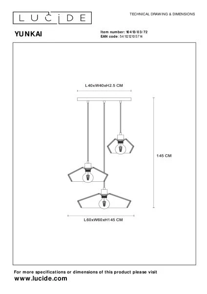 Lucide YUNKAI - Hanglamp - Ø 60 cm - 3xE27 - Licht hout - technisch